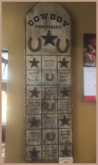 Cowboy Commandments sign in the dining room