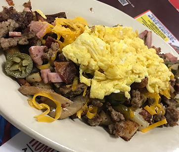 Hearty breakfast scramble with eggs and meat